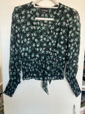 INTERMIX Black silk Floral Tie-Front Blouse with Green & White Daisy Print 0 XS